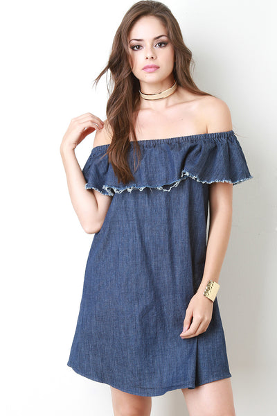 Fringe Flutter Bardot Denim Dress