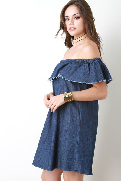 Fringe Flutter Bardot Denim Dress