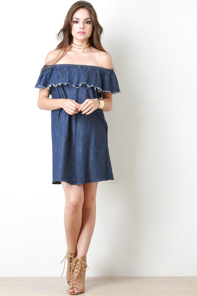 Fringe Flutter Bardot Denim Dress