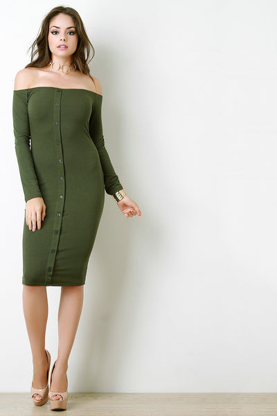 Off The Shoulder Rib Knit Button Accent Dress