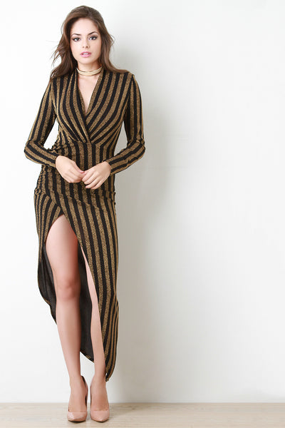 Stripe Shimmer Surplice Longsleeve Maxi Dress