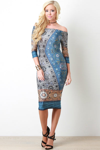 Bohemian Print Bardot Midi Dress