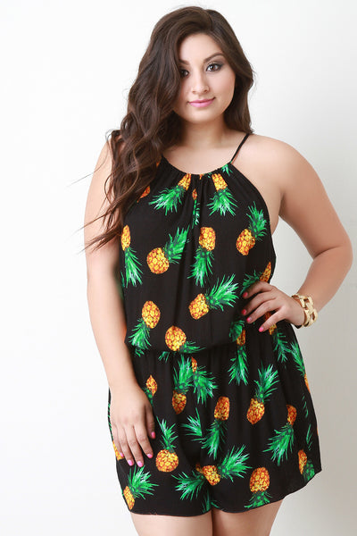 Pineapple Print Tie Back Spaghetti Strap Romper