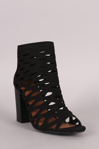 Bamboo Suede Caged Cutout Chunky Heeled Booties